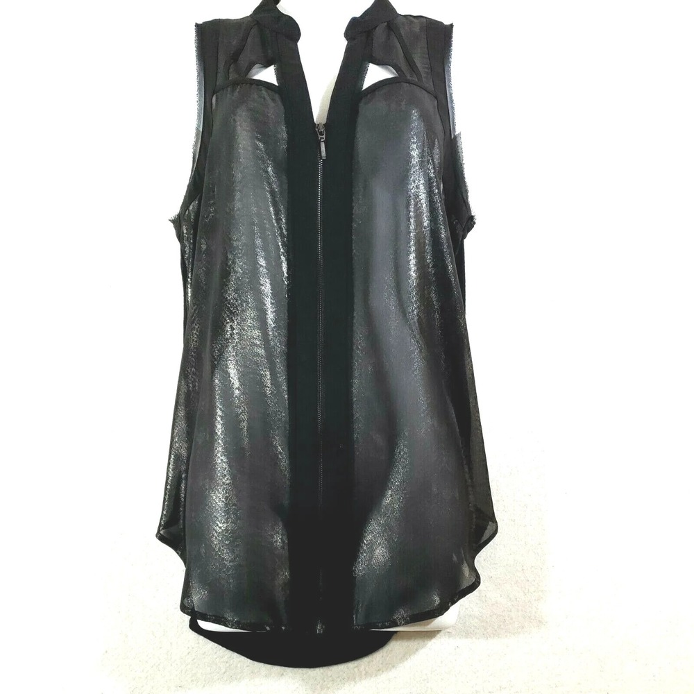 Rock & Republic Womens M Blouse Black Snakeskin Shimmer HiLo Zip Sleeveless Top